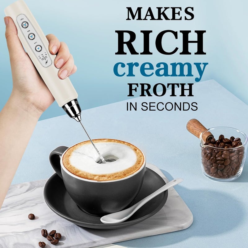 BSRGMS Milk Frother Handheld for Coffee, Electric Whisk 3 Speed Adjustable, Drink Mixer with Stainless 3 Whisks, Rechargeable Hand Frother Wand, for Latte Cappuccino Hot Chocolate Egg Beige - Image 5